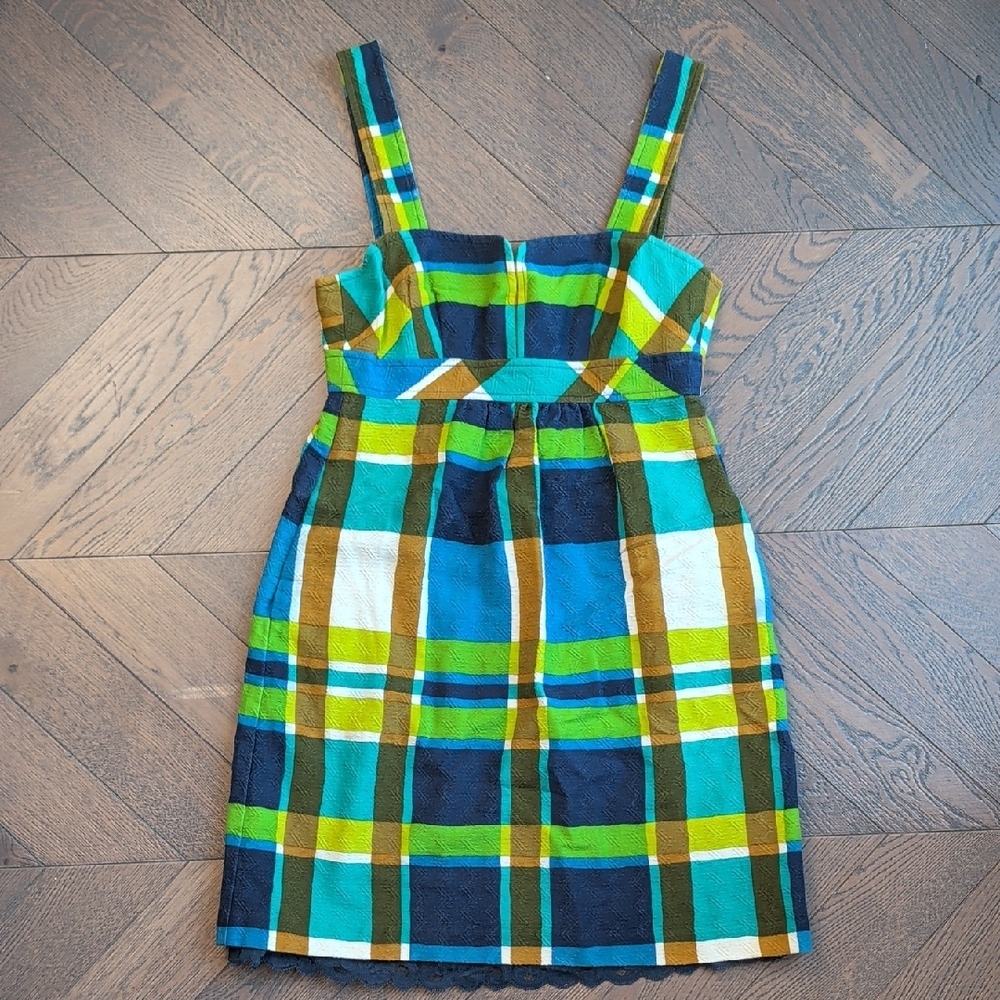 Trina Turk Blue, Green & Brown Plaid Mini Dress